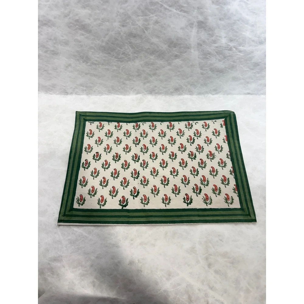 Vintage Set of 6 Hand Block Print Placemats Green Red Paisley Cotton 18x12